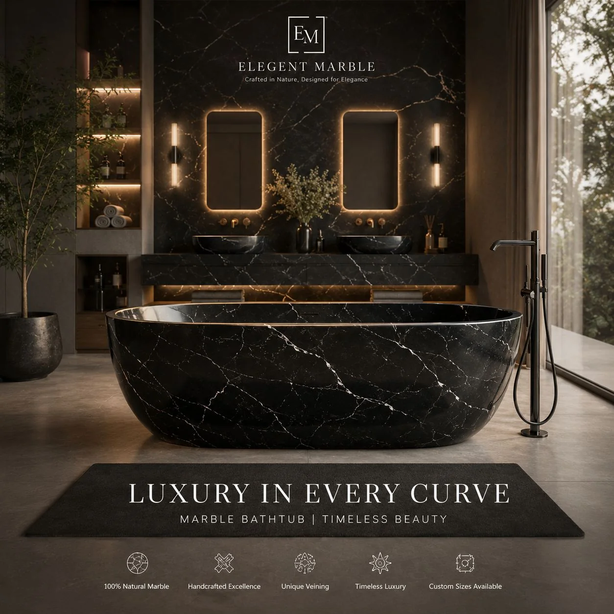Handcrafted black marble bathtub