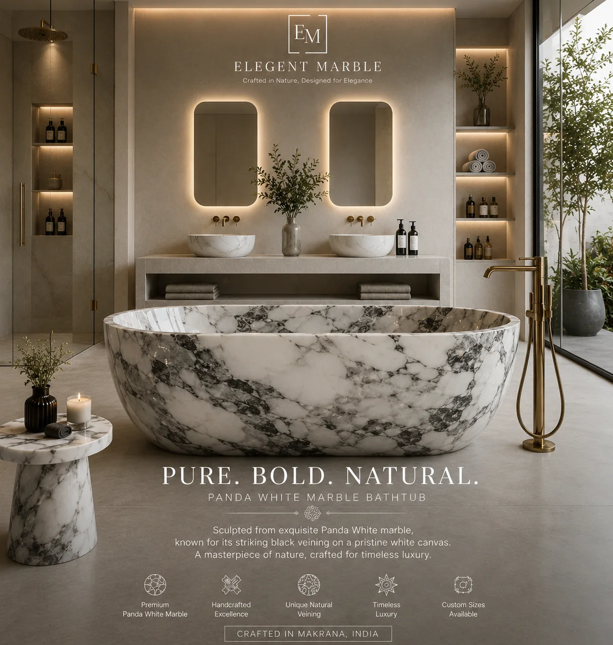 Panda white marble bathtub