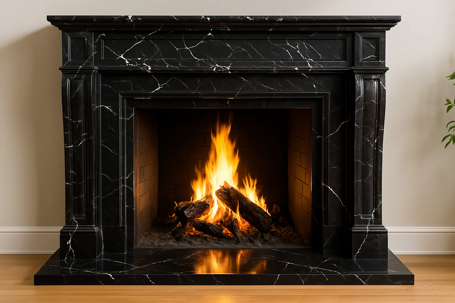 Black marble fireplace with fire