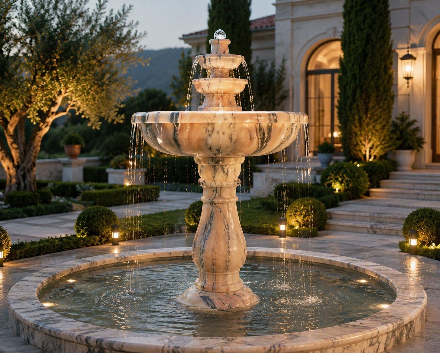 Rose-veined marble garden fountain