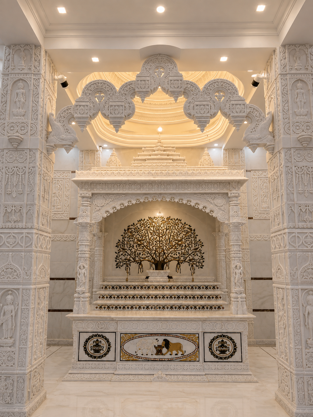 Carved illuminated marble mandir