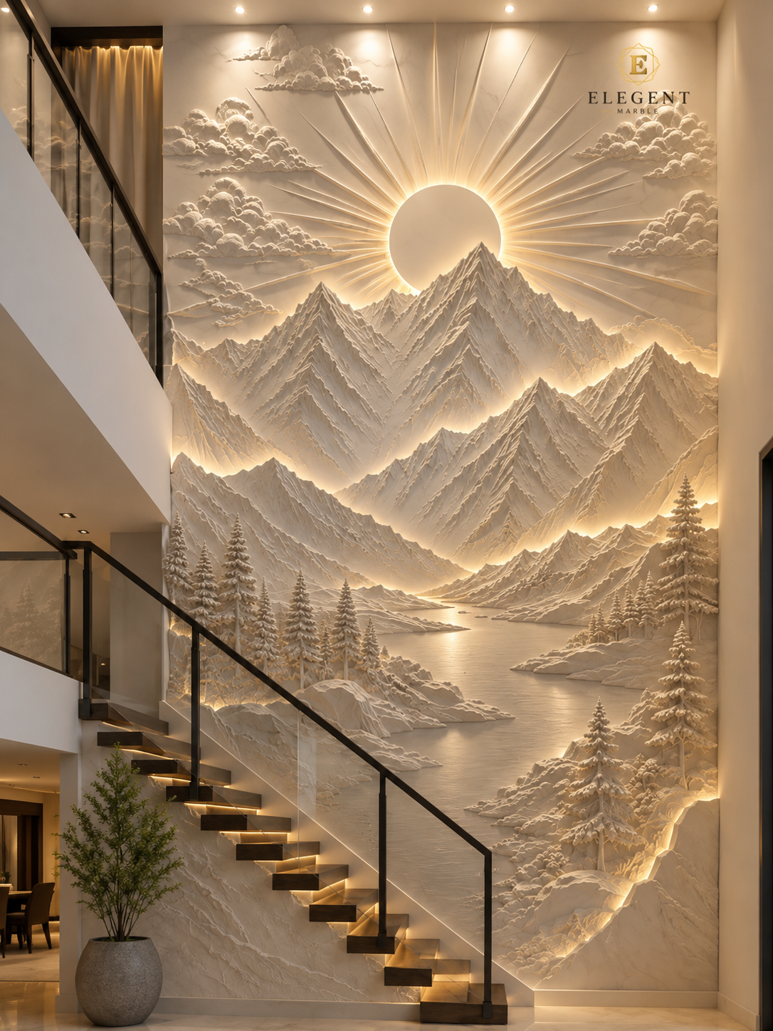 Mountain lake marble wall panel